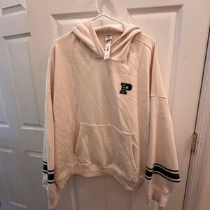 PINK Victoria's Secret Cream Hoodie with Green Stripes